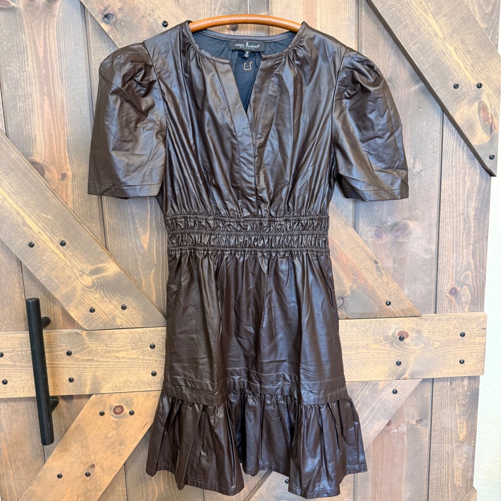 Simply Southern Faux Leather Dress Women S Brown Good Puff Sleeve Smocked Tiered